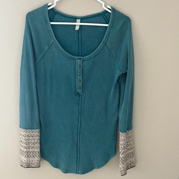 Free People Alpine Cuff Henley Thermal Blue Button Scoop Neck Long Sleeves, M - Picture 1 of 6